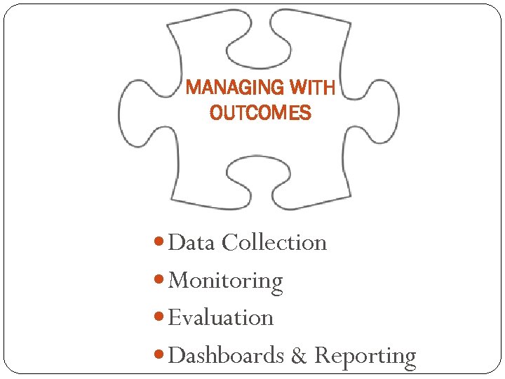 MANAGING WITH OUTCOMES Data Collection Monitoring Evaluation Dashboards & Reporting 