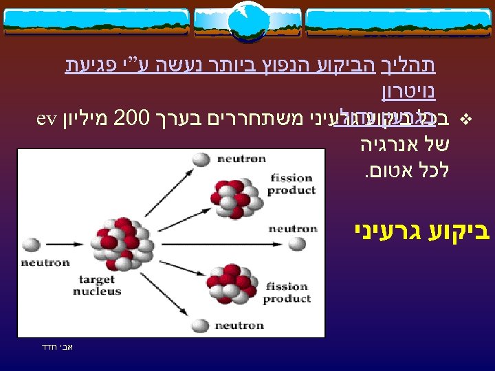  תהליך הביקוע הנפוץ ביותר נעשה ע”י פגיעת נויטרון בגרעין גדול. v בכל ביקוע