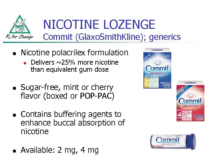 NICOTINE LOZENGE Commit (Glaxo. Smith. Kline); generics n Nicotine polacrilex formulation n n Delivers