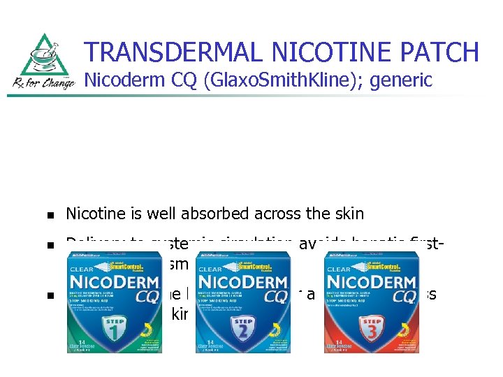 TRANSDERMAL NICOTINE PATCH Nicoderm CQ (Glaxo. Smith. Kline); generic n n n Nicotine is