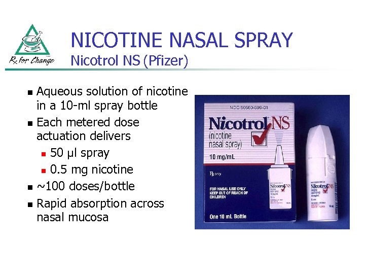 NICOTINE NASAL SPRAY Nicotrol NS (Pfizer) Aqueous solution of nicotine in a 10 -ml