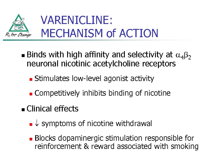 VARENICLINE: MECHANISM of ACTION n Binds with high affinity and selectivity at 4 2