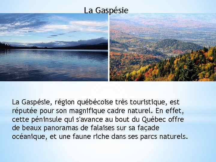 La Gaspésie, région québécoise très touristique, est réputée pour son magnifique cadre naturel. En