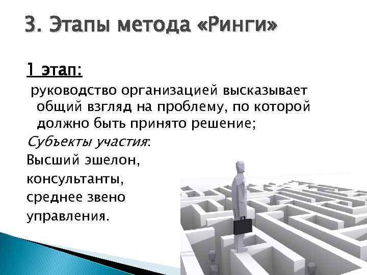 3. Этапы метода «Ринги» 1 этап: руководство организацией высказывает общий взгляд на проблему, по