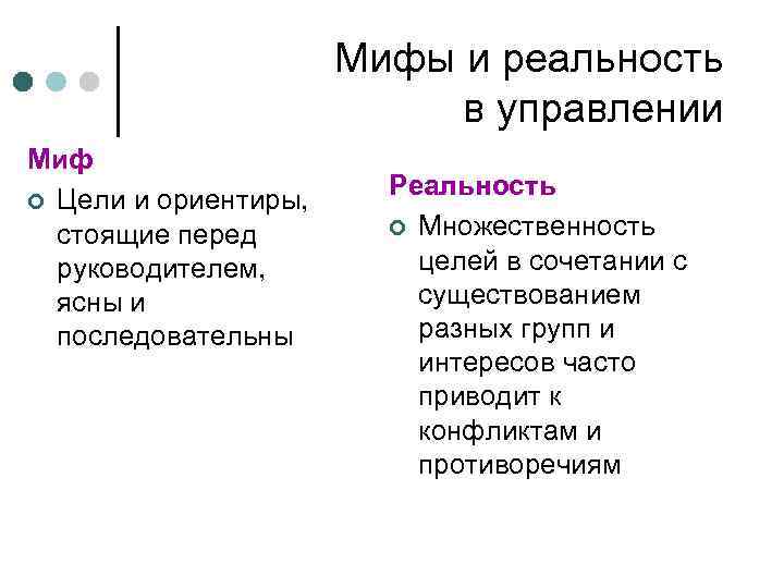 Мифы и реальность в управлении Миф ¢ Цели и ориентиры, стоящие перед руководителем, ясны