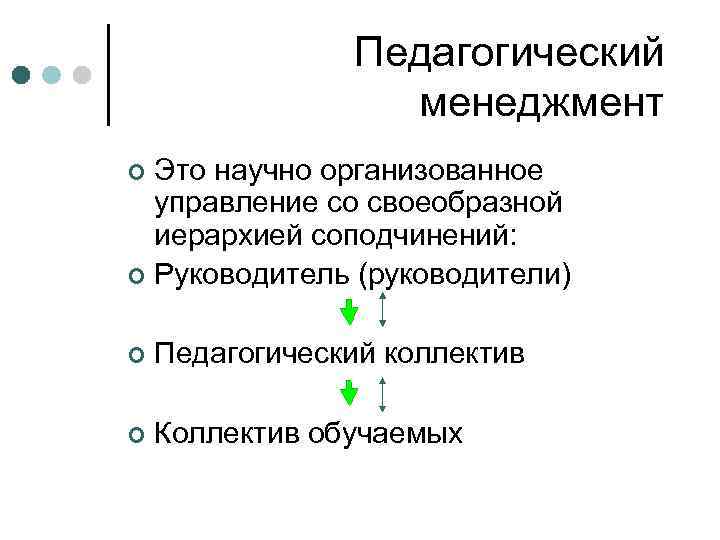 Педагогический менеджмент Это научно организованное управление со своеобразной иерархией соподчинений: ¢ Руководитель (руководители) ¢