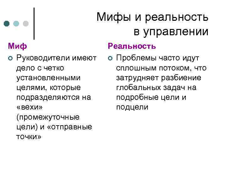 Мифы и реальность в управлении Миф ¢ Руководители имеют дело с четко установленными целями,