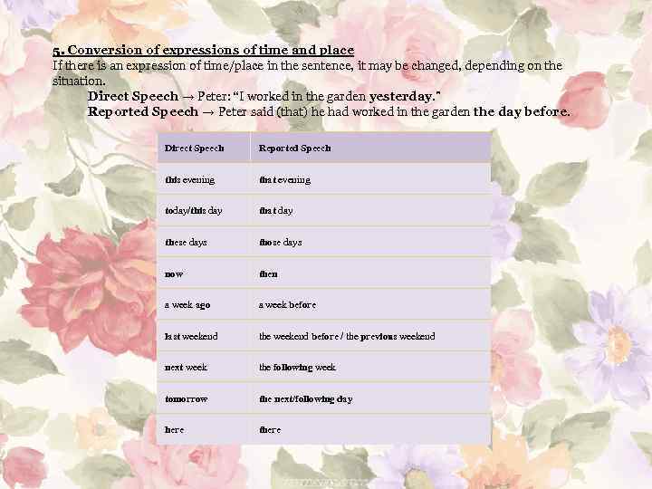 5. Conversion of expressions of time and place If there is an expression of