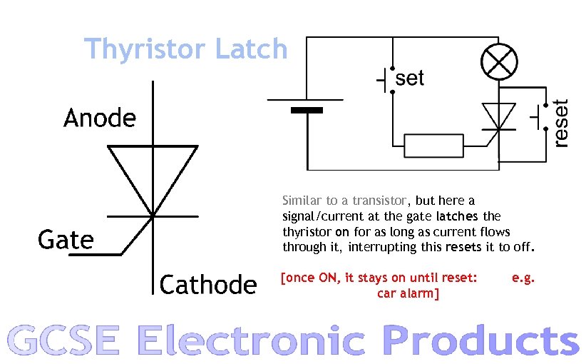 Thyristor Latch Similar to a transistor, but here a signal/current at the gate latches