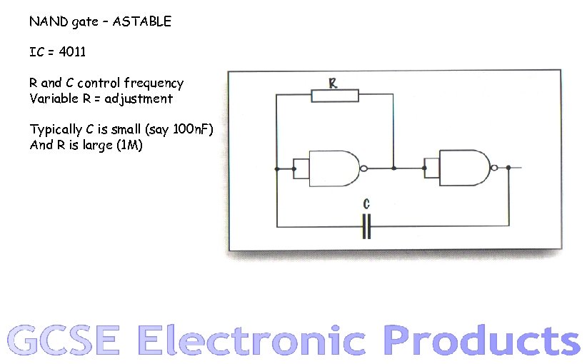 NAND gate – ASTABLE IC = 4011 R and C control frequency Variable R