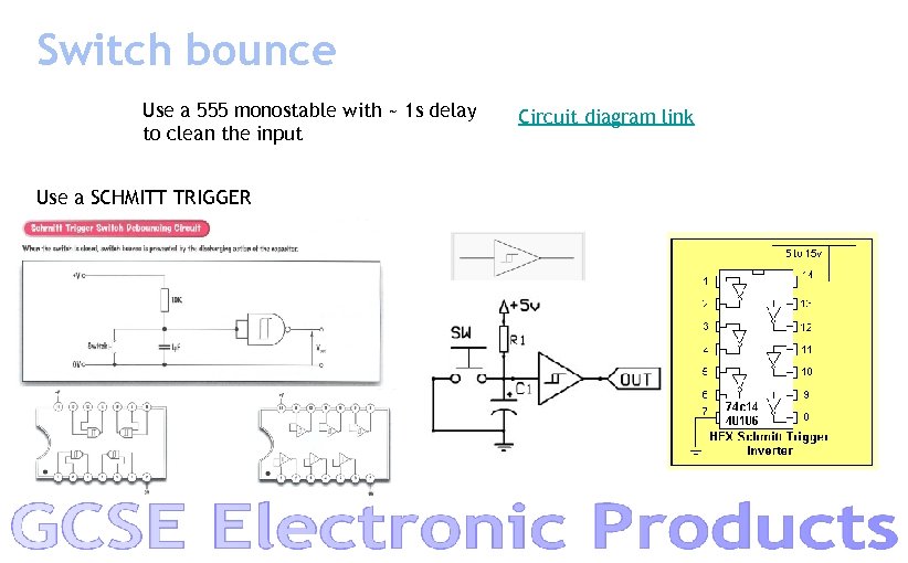 Switch bounce Use a 555 monostable with ~ 1 s delay to clean the