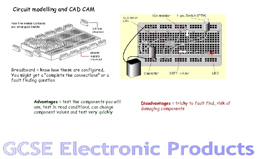 Circuit modelling and CAD CAM Breadboard = know how these are configured. You might