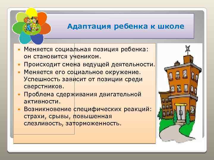  Адаптация ребенка к школе Меняется социальная позиция ребенка: он становится учеником. Происходит смена