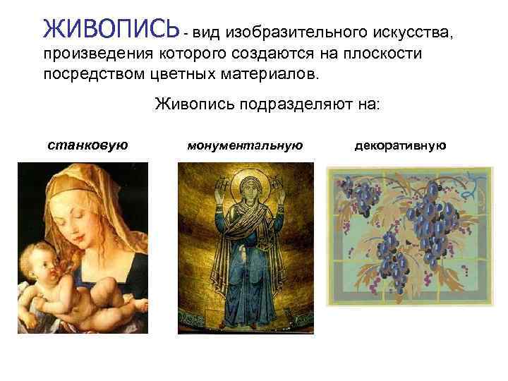 ЖИВОПИСЬ - вид изобразительного искусства, произведения которого создаются на плоскости посредством цветных материалов. Живопись
