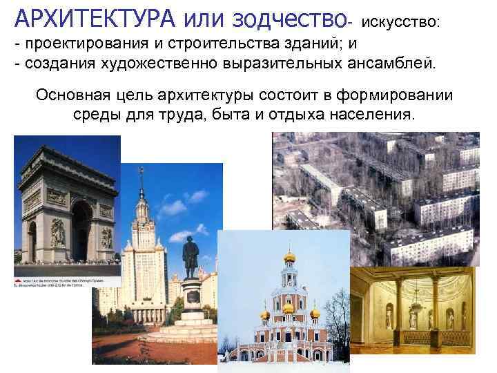 АРХИТЕКТУРА или зодчество- искусство: - проектирования и строительства зданий; и - создания художественно выразительных