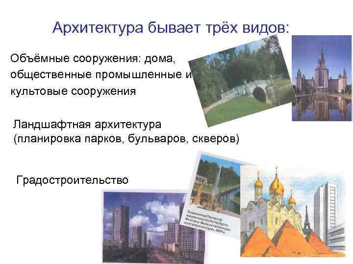 Архитектура бывает трёх видов: Объёмные сооружения: дома, общественные промышленные и культовые сооружения Ландшафтная архитектура