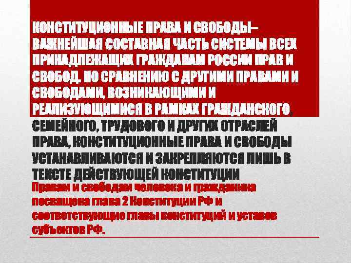 КОНСТИТУЦИОННЫЕ ПРАВА И СВОБОДЫ– ВАЖНЕЙШАЯ СОСТАВНАЯ ЧАСТЬ СИСТЕМЫ ВСЕХ ПРИНАДЛЕЖАЩИХ ГРАЖДАНАМ РОССИИ ПРАВ И
