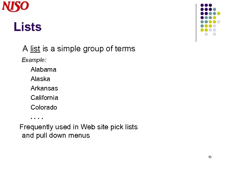 Lists A list is a simple group of terms Example: Alabama Alaska Arkansas California