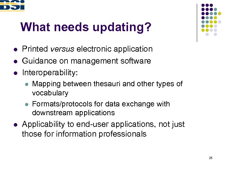 What needs updating? l l l Printed versus electronic application Guidance on management software