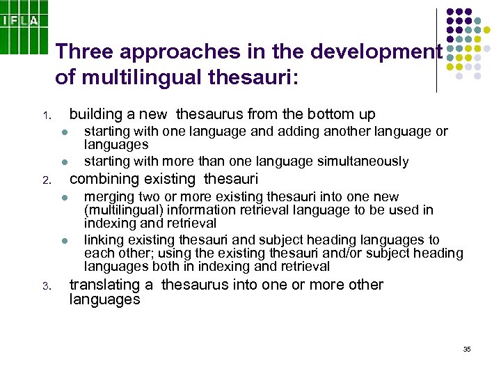 Three approaches in the development of multilingual thesauri: building a new thesaurus from the
