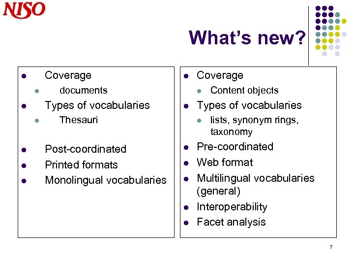 What’s new? Coverage l l l documents Types of vocabularies l l Thesauri Post-coordinated