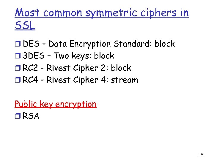 Most common symmetric ciphers in SSL r DES – Data Encryption Standard: block r