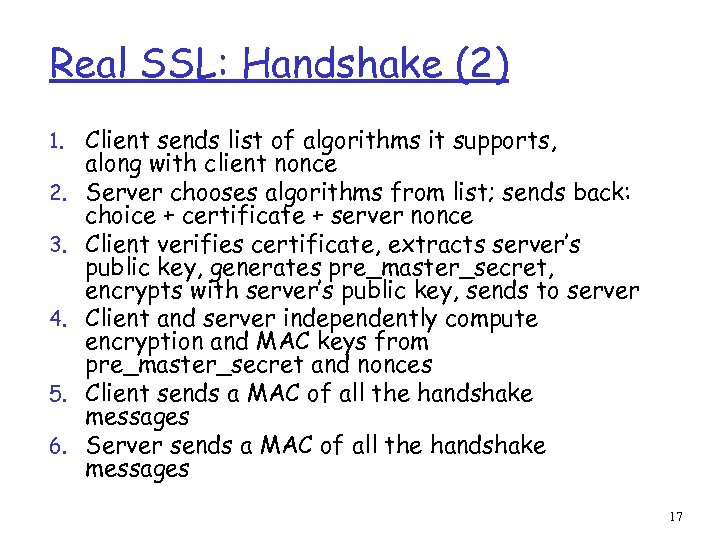 Real SSL: Handshake (2) 1. 2. 3. 4. 5. 6. Client sends list of