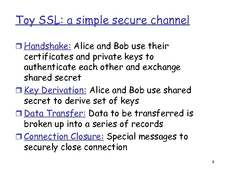 Toy SSL: a simple secure channel r Handshake: Alice and Bob use their certificates