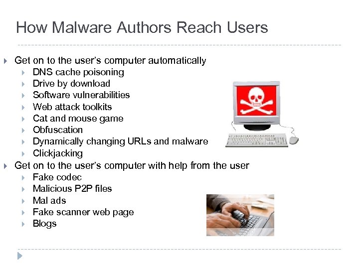 How Malware Authors Reach Users } Get on to the user’s computer automatically }
