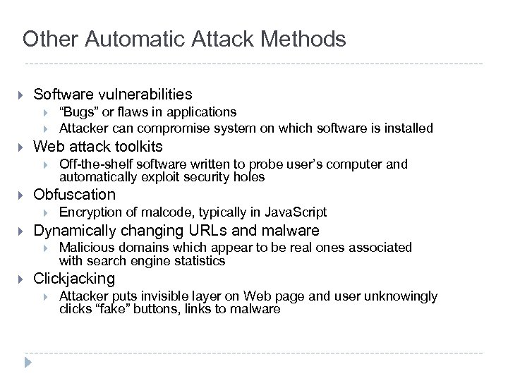 Other Automatic Attack Methods } Software vulnerabilities } } } Web attack toolkits }