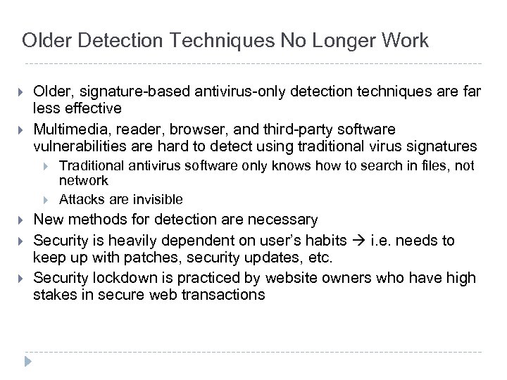Older Detection Techniques No Longer Work } } Older, signature-based antivirus-only detection techniques are
