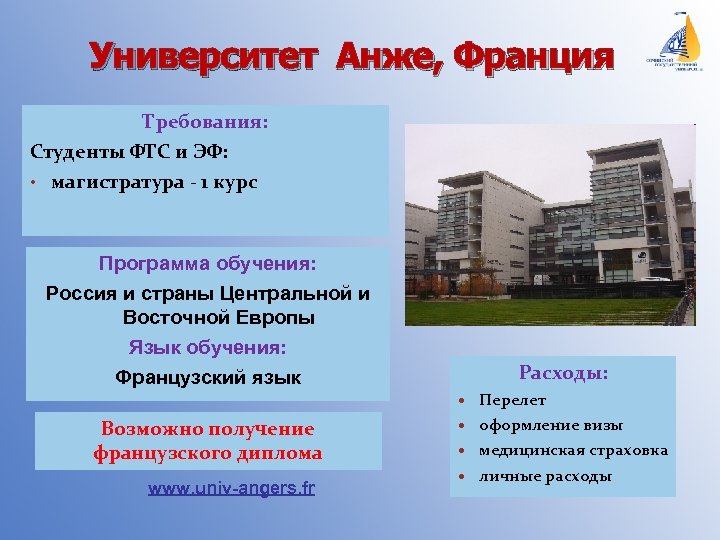 Университет Анже, Франция Требования: Студенты ФТС и ЭФ: • магистратура - 1 курс Программа