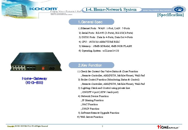 1 -4. Home-Network System [Specification] 1. General Spec 1) Ethernet Ports : WAN :