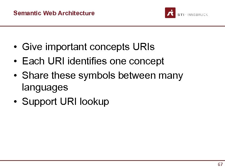 Semantic Web Architecture • Give important concepts URIs • Each URI identifies one concept