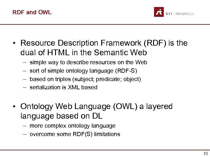 RDF and OWL • Resource Description Framework (RDF) is the dual of HTML in