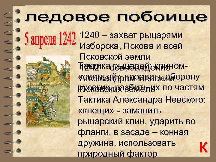 1240 – захват рыцарями Изборска, Пскова и всей Псковской земли Тактикаосвобождение 1242 – рыцарей: