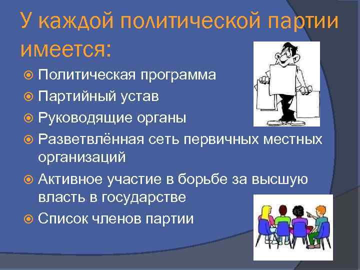 У каждой политической партии имеется: Политическая программа Партийный устав Руководящие органы Разветвлённая сеть первичных