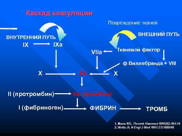 Каскад коагуляции Повреждение тканей ВНЕШНИЙ ПУТЬ ВНУТРЕННИЙ ПУТЬ IXa IX Тканевой фактор VIIa ф