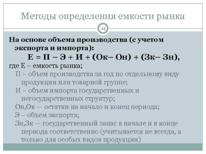 Методы определения емкости рынка 14 На основе объема производства (с учетом экспорта и импорта):