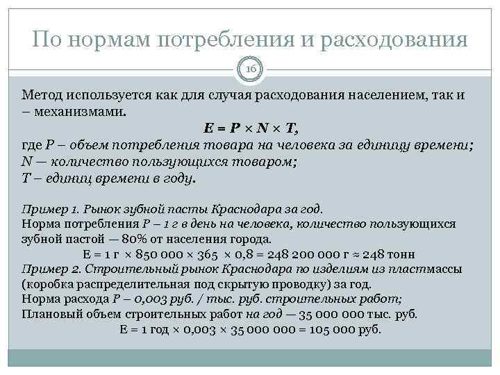 По нормам потребления и расходования 16 Метод используется как для случая расходования населением, так