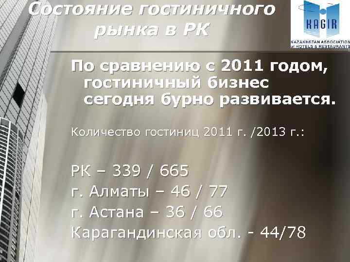 Состояние гостиничного рынка в РК По сравнению с 2011 годом, гостиничный бизнес сегодня бурно