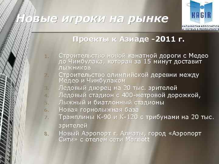 Новые игроки на рынке Проекты к Азиаде -2011 г. 1. 2. 3. 4. 5.