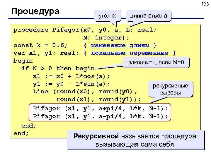 Процедура 133 угол α длина ствола procedure Pifagor(x 0, y 0, a, L: real;