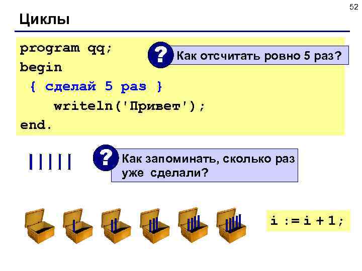 52 Циклы program qq; ? Как отсчитать ровно 5 раз? begin { сделай 5