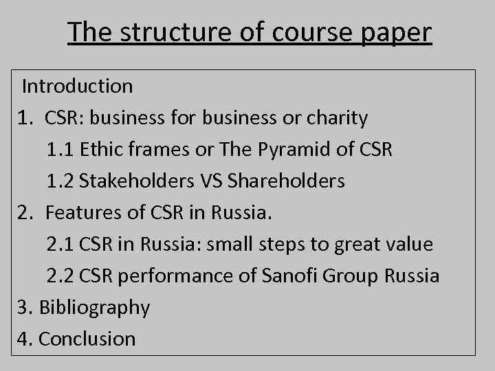 The structure of course paper Introduction 1. CSR: business for business or charity 1.
