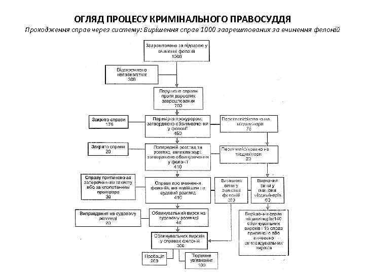 ОГЛЯД ПРОЦЕСУ КРИМІНАЛЬНОГО ПРАВОСУДДЯ Проходження справ через систему: Вирішення справ 1000 заарештованих за вчинення