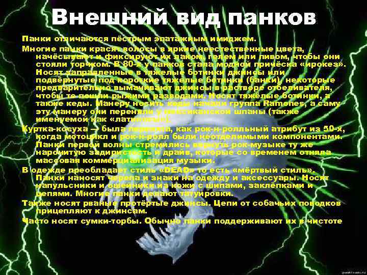 Внешний вид панков Панки отличаются пёстрым эпатажным имиджем. Многие панки красят волосы в яркие