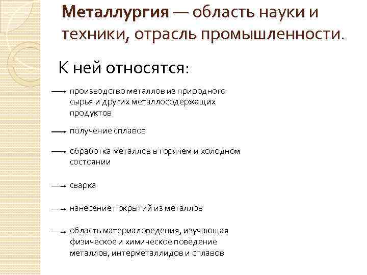 Металлургия — область науки и техники, отрасль промышленности. К ней относятся: производство металлов из